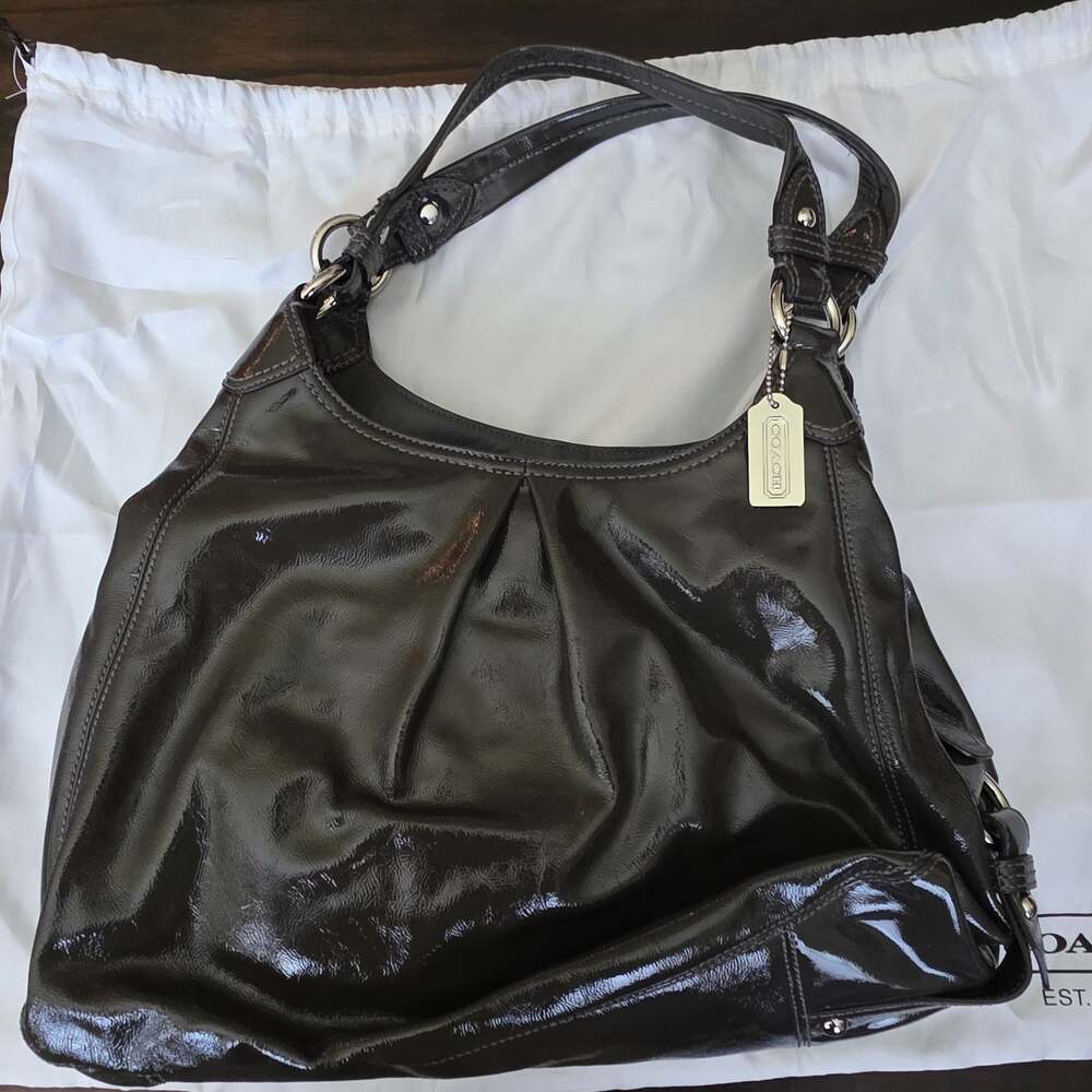 Coach Madison Maggie Shoulder Bag in Dark Gray Patent Leather
